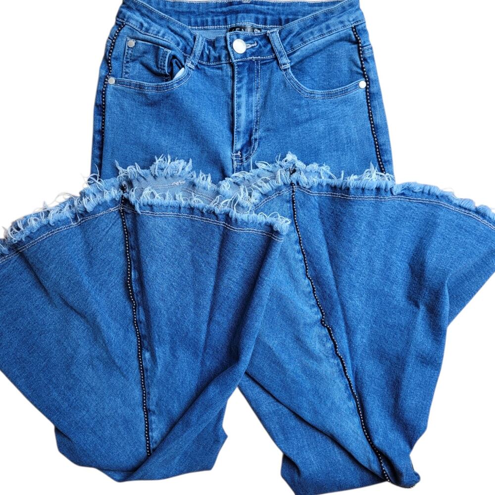 Venus Women’s Size 4 Denim Extreme Bell Bottom Flare Jeans Studded Frayed Hem